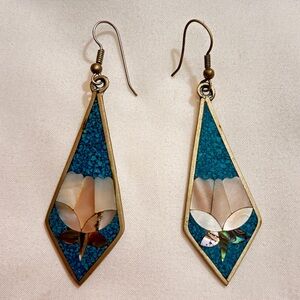 Turquoise and pearlescent mosaic earrings with floral inlays